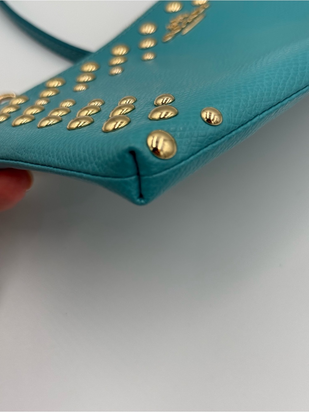 COACH Quinn Teal Leather Studded Crossbody with Gold Chain - Picture 7 of 9
